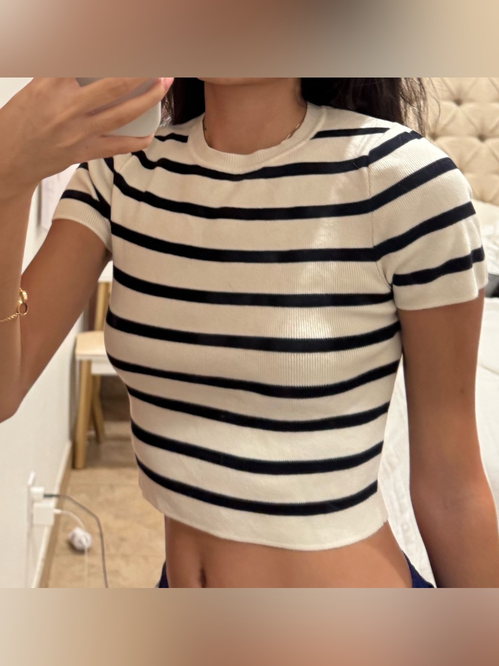 Zara Cream and Black Striped Cropped Knit Tee